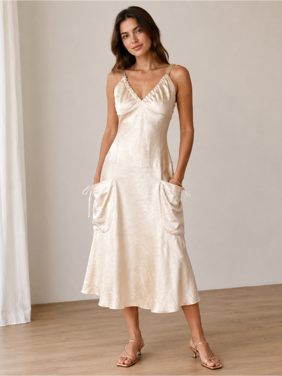 Dresses & Skirts - Romantic Coquette Fairycore Satin Midi Dress Champagne Gold Pockets US 8